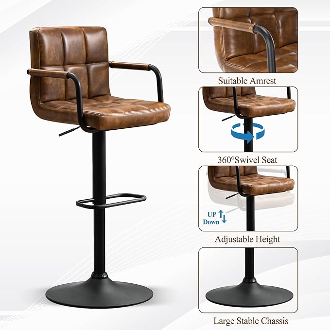 Furniliving Swivel Bar Stools Set of 4, Adjustable Kitchen Counter Height BarStools with Arms, PU Leather Upholstered Bar Chair with Back and Footrest for Dining Room, Kitchen, Pub, Bar (Yellowbrown)