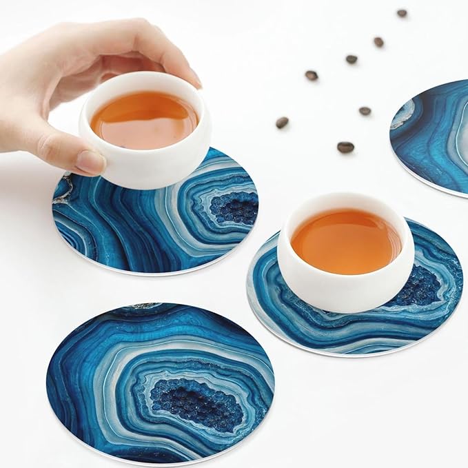Agate Marble Blue Coasters Set of 6 Coasters for Drinks Absorbent Double-Sided Leather PVC Coaster for Tabletop Protection Coffee Table Decor Ideal for Home Decor House Warming Gifts