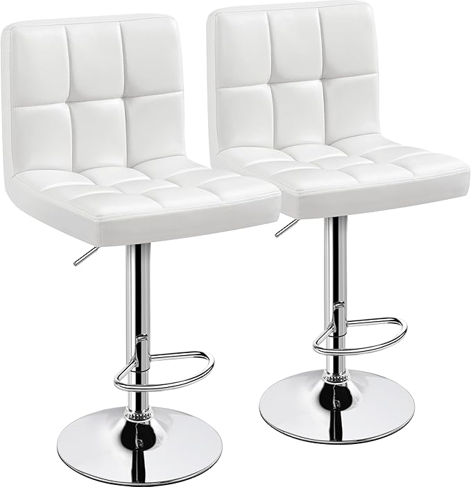 Yaheetech Bar Stools Set of 2, PU Leather Adjustable Swivel Barstools, Armless Hydraulic Kitchen Counter Bar Stool, Kitchen Island Chairs Set of 2, White