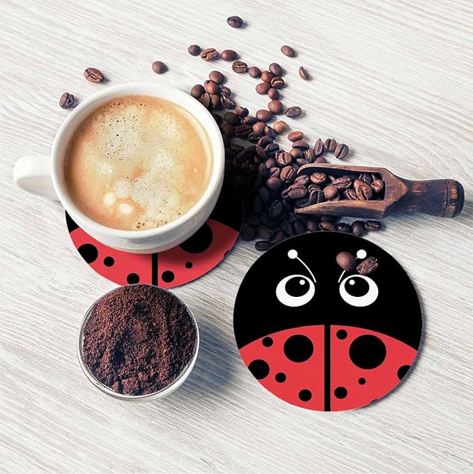 Cute Ladybug Round Coaster for Home Coffee Table Cartoon Insect Isolated Lovely Red Animal Farmhouse Drink Coasters 100% Diatomite 4''X 4''X 0.35'' Printed Pattern