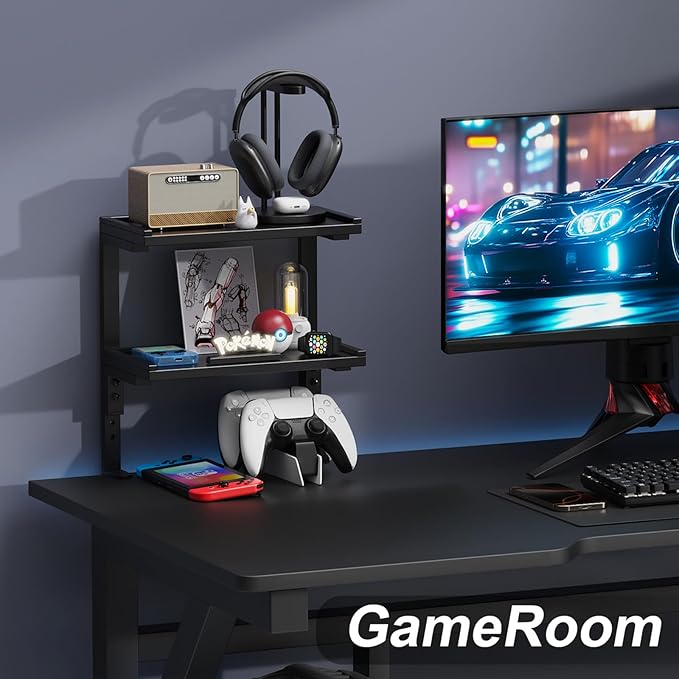 2-Tier Desk Shelf, Expandable Under Desk Storage, Clamp on Desk Shelf, Desktop Accessories for Offices, Study Rooms, and Game Rooms (Black)