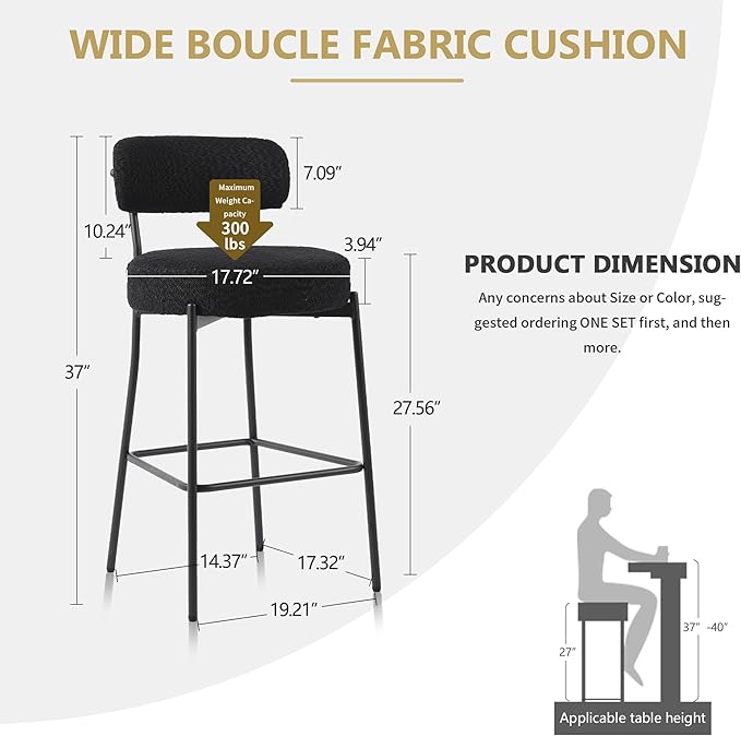 DYHOME Bar Stools Set of 6,Black 28 inch Counter Height Bar Stools with Curved Back, Boucle Fabric & Metal Frame Barstools for Kitchen Island, Modern Bar Chairs Set for Kitchen Counter