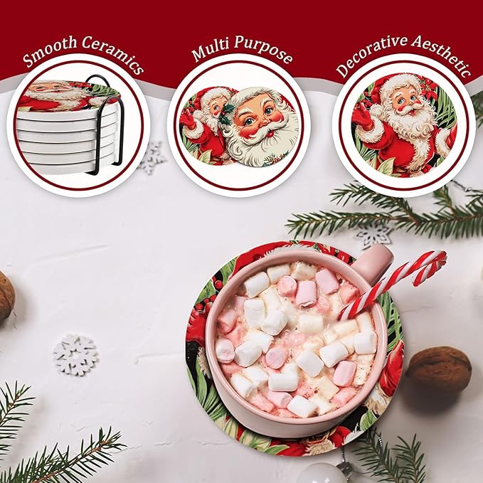 Christmas Absorbent Coasters with Holder Set of 6, Ceramic Stone with Cork Base, Cute Santa Claus Coaster for Drinks, Gift for Housewarming Room Bar Home Decor Kitchen