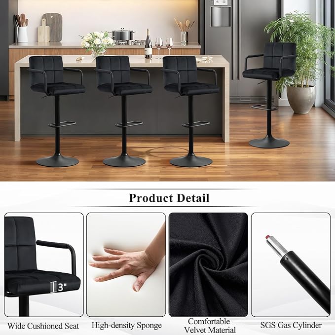 Furniliving Swivel Bar Stools Set of 4, Adjustable Kitchen Counter Height BarStools with Arms, Velvet Upholstered Bar Chair with Back and Footrest for Dining Room, Kitchen, Pub, Bar (Black)