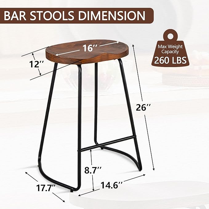 HeuGah Bar Stools, Solid Wood Barstools Set of 2, 26" Counter Height Bar Stools with Metal Leg, Rustic Backless Bar Stool for Kitchen Island, Bar Chairs with Solid Wood Saddle Seat (Walnut, 26 Inch)