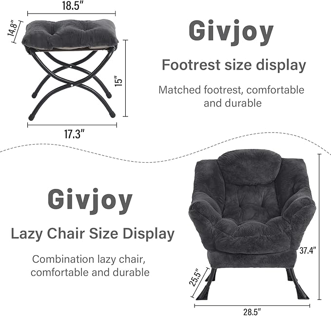 Plush Lazy Chair and Ottoman, Large Contemporary Accent Lounge Chair with Armrests and a Side Pocket, Modern Leisure Upholstered Sofa Reading Armchair with Footrest for Bedroom, Living Room