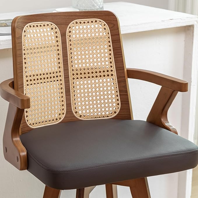 Set of 4 Bar Height Bar Stools - 30 inch Walnut Bar Stools with Cane Back, Upholstered Seat, Curved Arms, Faux Leather, Swivel BarStools for Bar/Pub/Island/Cafe (30" Seat Height, Brown)