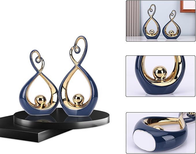 Blue Decor Accent, Porcelain Art Mid Century Modern Blue and Gold Decorations, Dining Table Objects, Abstract Ceramic Statue Sculpture - for Bookshelf Tv Stand Centerpiece Centro De Mesa