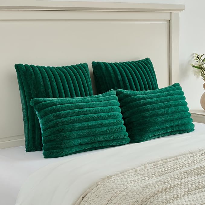 FUTEI Emerald Green Striped Decorative Throw Pillow Covers 24x24 Inch Set of 2,Square Fall Decorations Couch Euro Pillow Case,Soft Cozy Faux Rabbit Fur & Velvet Back,Modern Home Decor for Bed