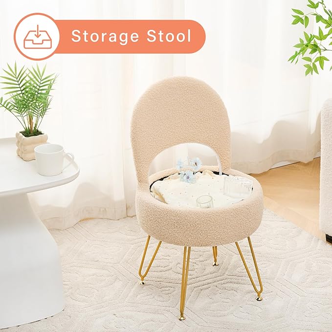 Ottoman Teddy Velvet Vanity Stool Chair with Folding Back Multifunctional Upholstered Makeup Chair, 4 Metal Legs with Anti-Slip Feet for Bedroom Living Room Entryway