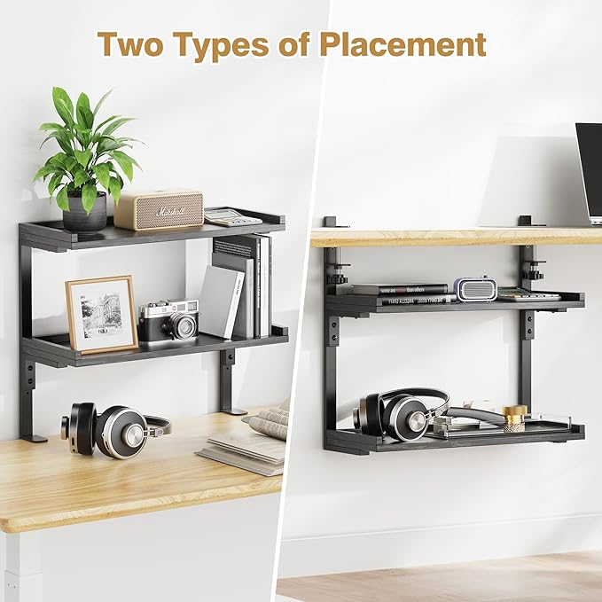 Clamp On Desk Shelf 2-Tier, 16.5 in Wood Shelving Unit for Office Desk/Gaming Accessories, Tabletop Book Storage Rack, Shelf for Top of Desk, Black