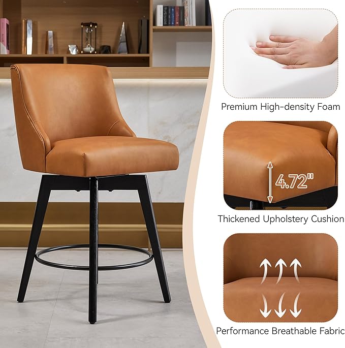 Vipbear Counter Height Bar Stools Set of 2, 26" H Swivel Bar Stools with Backs, PU Leather Upholstered Bar Chairs with Solid Wood Legs for Kitchen Island, Dining Room, Home Bar, Brown