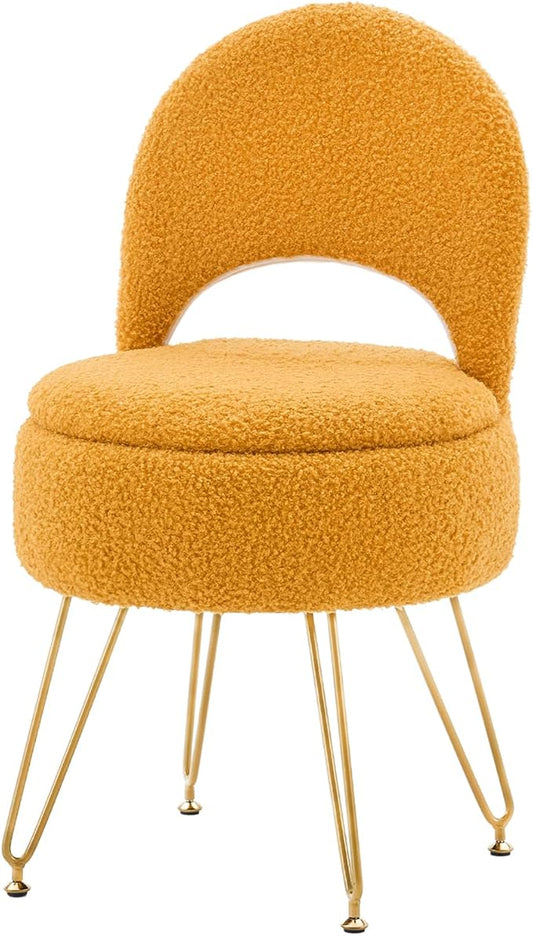 Storage Ottoman Vanity Stool Chair with Folding Back Teddy Velvet Makeup Chair Multifunctional Upholstered Footstool for Bathroom Vanity Bedroom Living Room Entryway