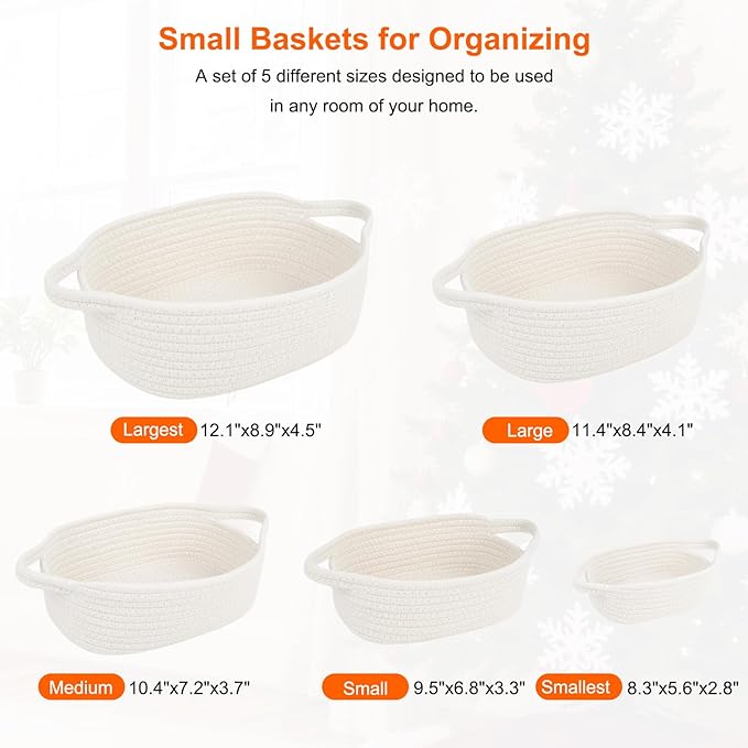 5-Piece Storage Shelf Basket Set, Natural Cotton Rope Woven Basket with Handles, Decorative Rectangle Organizer Bin for Home, Nursery, Montessori, Pet Toy Storage and Bathroom Organization, White
