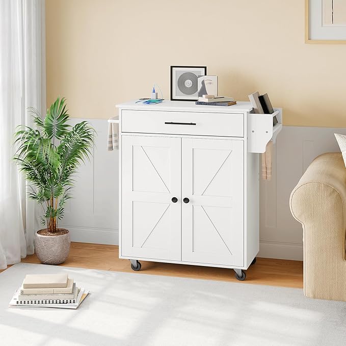 HOOBRO Kitchen Island with Power Outlet, Kitchen Storage Island with Large Worktop, Spice Rack and Drawer, Rolling Kitchen Island Cart on Wheels, for Kitchen and Dining Room, White WT88UZD01