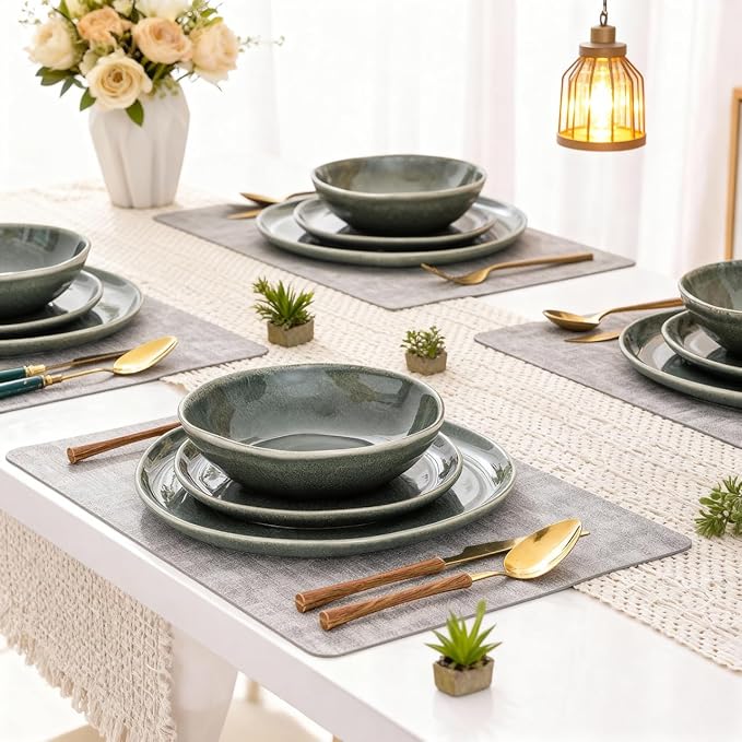 AmorArc Ceramic Dinnerware Sets,Handmade Reactive Glaze Stoneware Plates and Bowls Set,Highly Chip and Crack Resistant | Dishwasher & Microwave Safe Dishes Set,Service for 4 (12pc)