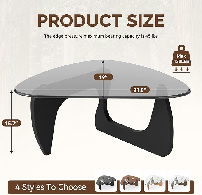 Modern Glass Coffee Table, Triangle Center Table with Tempered Glass Top& Unique Wooden Base, 31.5” Mid Century Tea Tables for Living Room, Apartment, Office,Black & Grey