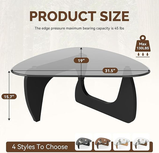 Modern Glass Coffee Table, Triangle Center Table with Tempered Glass Top& Unique Wooden Base, 31.5” Mid Century Tea Tables for Living Room, Apartment, Office,Black & Grey