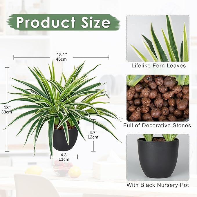 Fake Hanging Plant, Faux Spider Plant in Pot Artificial Grass Plants 12 Inch Faux Chlorophytum Comosum Potted Plants for Home Office Table Shelf Desk Kitchen Bathroom Bedroom Decor