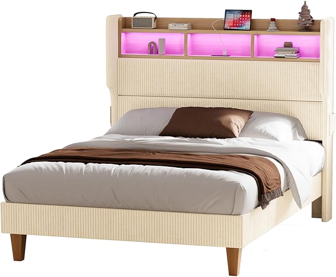 Queen Size Bed Frame with 51" Tall Corduroy Wingback Headboard and Storage Shelf, Upholstered Platform Bed with LED Lights & Charging Station, No Box Spring Needed, Easy Assembly, Cream