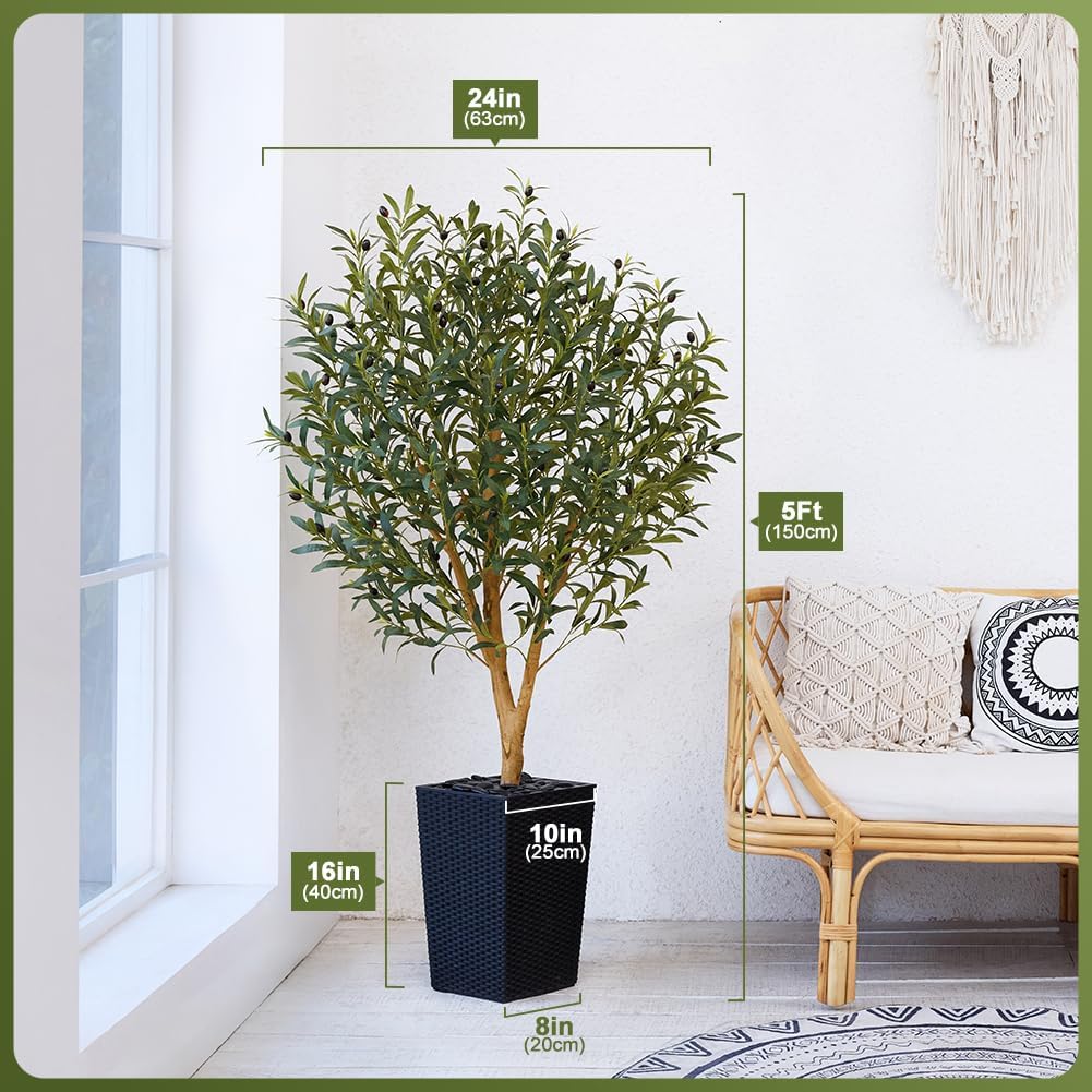 Artificial Olive Tree 5FT, Faux Olive Trees with Real Wood Trunk, UV Resistant Fake Plants in Planter & River Rocks, Indoor Tall Silk Plant for Home Living Room Office Outdoor Decor, VN133