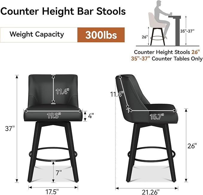 Counter Height Bar Stools Set of 6, Modern Swivel Barstools with Back and Wood Legs, Faux Leather Upholstered Bar Chairs, 26" H Kitchen Counter Stools, Kitchen Island Home Bar, Black Grey