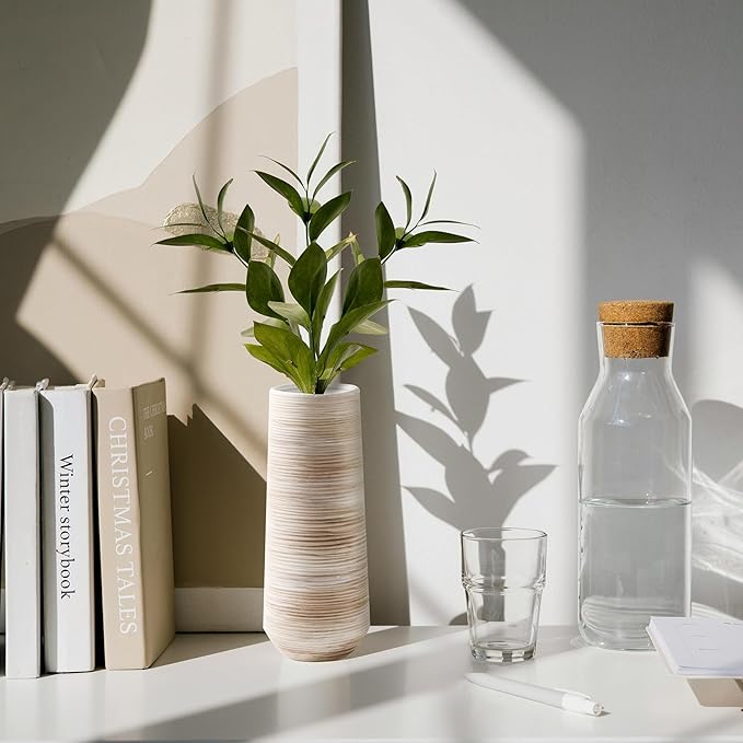 ALMA 9 Inch White Ceramic Vase for Dried Flower Bouquet, Small Cream Pampas Grass Vase for Home Decor, Beige Rustic Vase for Tabletop Centerpieces, Bookshelf, Mantle, Living Room