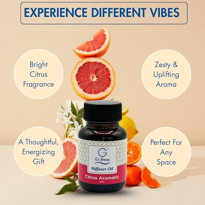 G's Breeze Citrus Aromatic Diffuser Oil Refill - Energize and Cheerful Essence - Fruity Scent of Sun-Kissed Citrus Fruits for Vibrant Atmosphere – Ideal for Home & Office – Long-Lasting Aroma - 60 ML