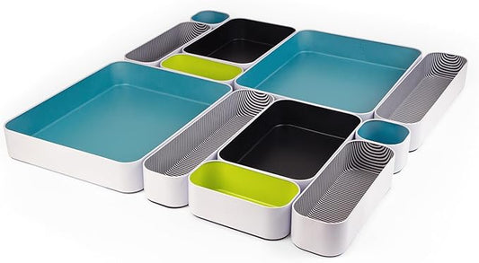 Three by Three Seattle 12 Piece Metal Organizer Tray Set for Storing Makeup, Stationery, Utensils, and More in Office Desk, Kitchen and Bathroom Drawers (2 Inch, Assorted Colors, Stripes)