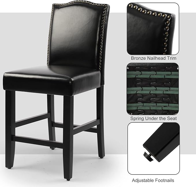 LSSPAID Counter Height Bar Stools Set of 2, 23.5 Inch Pu Upholstered Barstools, Kitchen Island Chairs with Bronze Nail Backrest and Solid Wood Legs for Kitchen Pub Home Cafe, Black