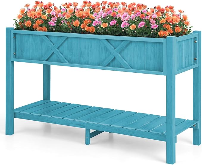 Giantex HIPS Raised Garden Bed, Elevated Planter Box w/Legs, Storage Shelf, Drainage Holes, Weather-Proof Standing Raised Beds for Backyard Porch Balcony Flower Herb (Blue, 44" x 18" x 29")