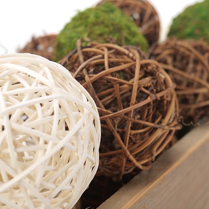 18Pcs Decorative Balls for Centerpiece Bowl - 6Pcs Fake Moss Balls + 12Pcs Rattan Wicker Balls, Artificial Moss Decorative Balls Vase Fillers for Home Garden Wedding Party Decor (Rustic)