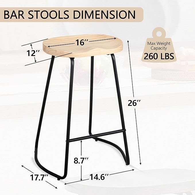 HeuGah Bar Stools Set of 4, Saddle Seat Bar Stools with Metal Legs, Rustic Backless Counter Height Stools, Industrial Counter Stools (Burlywood, 26 Inch)
