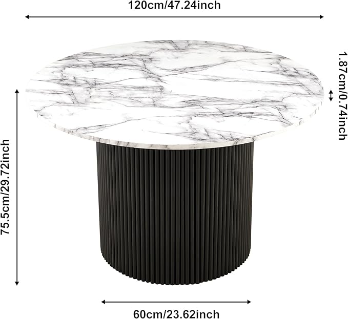 47'' Round Dining Table for 4-6, Modern Wood Farmhouse Kitchen Circle Table with Sturdy Cylindrical Pedastal, Dinner Tables for Dining Room, Living Room White Marble