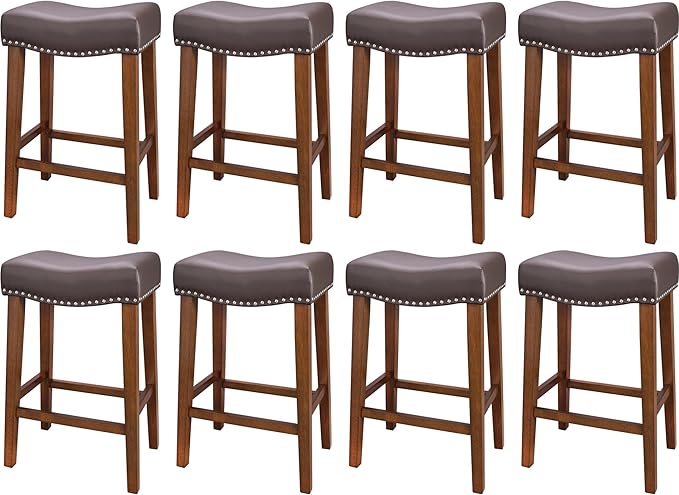 PrimeZone Counter Height Bar Stools Set of 8 - Backless Saddle Barstools with 4.3" Thick Upholstered, Nailhead Trim Faux Leather & Solid Wood Legs, 26 Inch Counter Stools for Kitchen Island, Brown