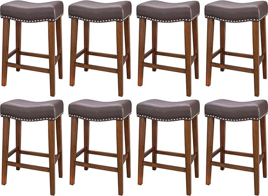 PrimeZone Counter Height Bar Stools Set of 8 - Backless Saddle Barstools with 4.3" Thick Upholstered, Nailhead Trim Faux Leather & Solid Wood Legs, 26 Inch Counter Stools for Kitchen Island, Brown