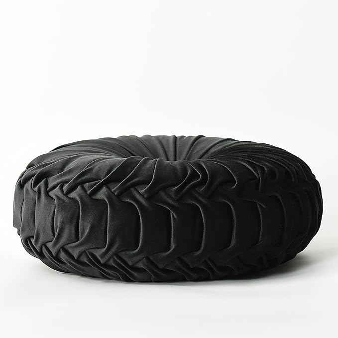 HIG Set of 2 Decorative Round Pleated Throw Pillows, Classy Accent Pumpkin Throw Pillows with Center Button, Vintage Velvet Floor Pillows for Sofa Vanity Chair Bed, Black, 14.5" Diameter(Ripple)