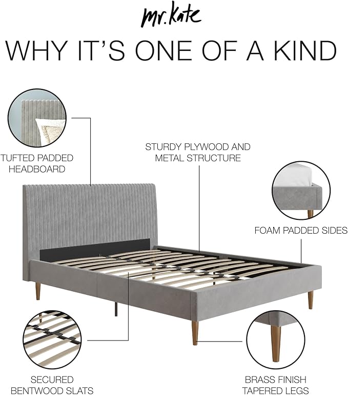 Mr. Kate Daphne Upholstered Queen Bed Frame with Headboard, Modern Platform Velvet Queen Bed Frame, Light Gray Velvet
