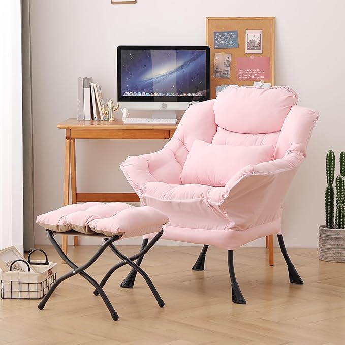 Lazy Chair with Ottoman, Modern Accent Chair with Lumbar Pillow, Comfy Chairs with Folding Footrest for Bedroom, Reading, Oversized Supportive Lounge Chairs(Pink)