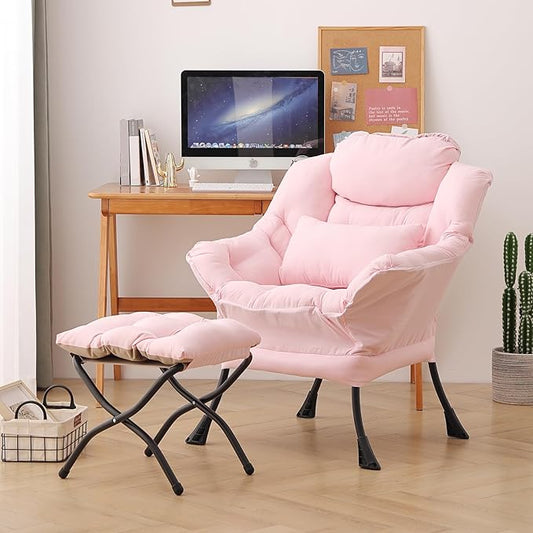Lazy Chair with Ottoman, Modern Accent Chair with Lumbar Pillow, Comfy Chairs with Folding Footrest for Bedroom, Reading, Oversized Supportive Lounge Chairs(Pink)