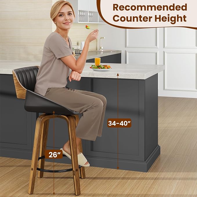 Bar Stools Set of 6, 26" Swivel Counter Height Barstools with Walnut Bentwood Back and Legs, Mid-Century Modern Faux Leather Upholstered Bar Chairs with footrest for Bar, Kitchen Island, café, Black