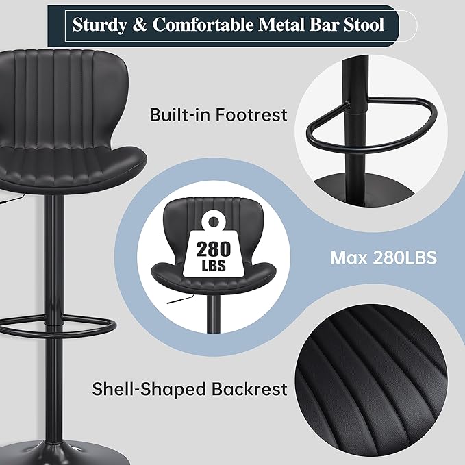 SUNLEI Adjustable Height Bar Stool, Swivel Bar Stools Set, Barstools Counter Height, bar stools Adjustable for Kitchen Counter, Island, Dining Room Black, Set of 2
