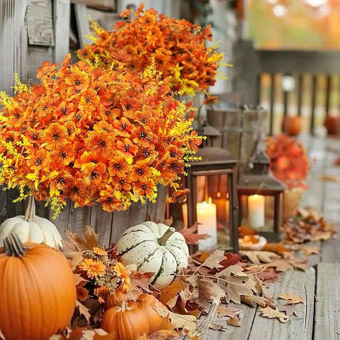 Artificial Faux Fall Mums Flowers Outdoor Decoration,16 Bundles Fake Silk Colorful Daisy Eucalyptus Realistic UV Resistant Plants for Outside Home Planter Porch Patio Yard Decor