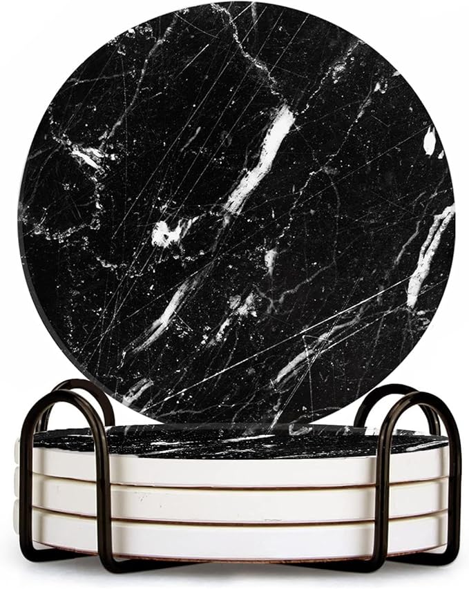 Marble Coasters Set of 4 with Holder Round Water Absorbent Premium Black Classic Marble Ceramic Coasters Tabletop Protection,Suitable for Various Coffee Cup,Home Decor,4 Inch