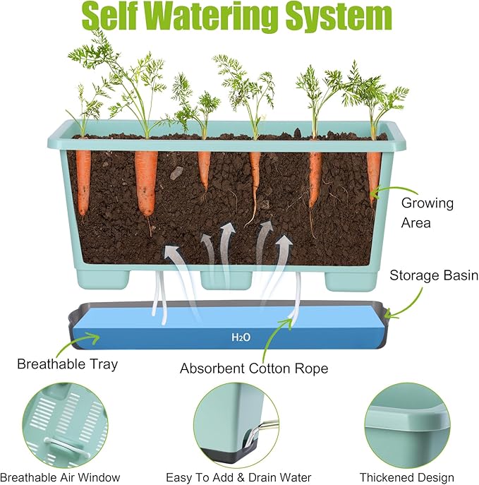 Window Box Planter 6 Pcs, 17 Inches Rectangle Flower Pots with Drainage Holes and Trays, Vegetable Planters for Windowsill Patio Garden Balcony Home Porch Yard Indoor Outdoor (Green, 17*7.4*7.8 inch)