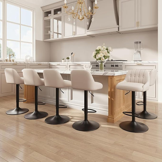 Bar Stools Set of 6, Swivel Bar Chairs, Modern Adjustable PU Leather Upholstered Barstools Counter Height with Tufted Back for Bar, Kitchen Counter Island, Dining Room, Beige