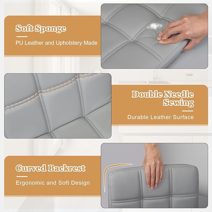 Bar Stools Set of 2,Armless Adjustable Swivel Barstools with Back,6-Squares Double Needle PU Leather Counter Height Bar Stools for Kitchen Island,Light Gray