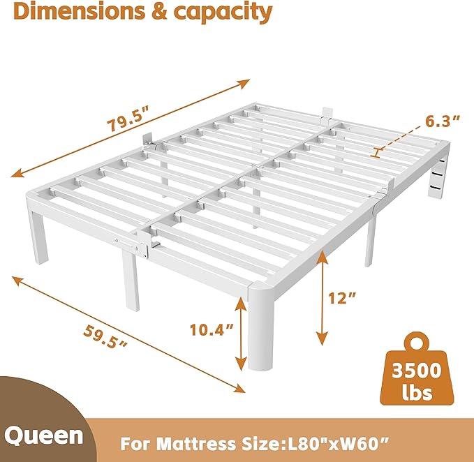 12 Inch Queen Bed Frame No Box Spring Needed, Platform Bed Frame with Metal Gaskets, Heavy Duty Steel Slat Support, Anti-Slip Mattress Stopper, Round Corner Leg, Easy Assembly, White