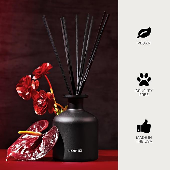 Apotheke Luxury Scented Reed Diffuser for Home, Charcoal Rouge - 6.7 Fl Oz Essential Oil Aromatherapy - 10 Rattan Scent Sticks Room Diffuser - Long-Lasting Fragrance for Bedroom, Home, Bathroom