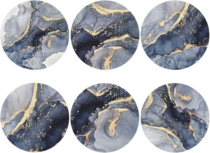 Navy Blue Gold Marble Coasters Set of 6 Coasters for Drinks Absorbent Double-Sided Leather PVC Coaster for Tabletop Protection Coffee Table Decor Ideal for Home Decor House Warming Gifts